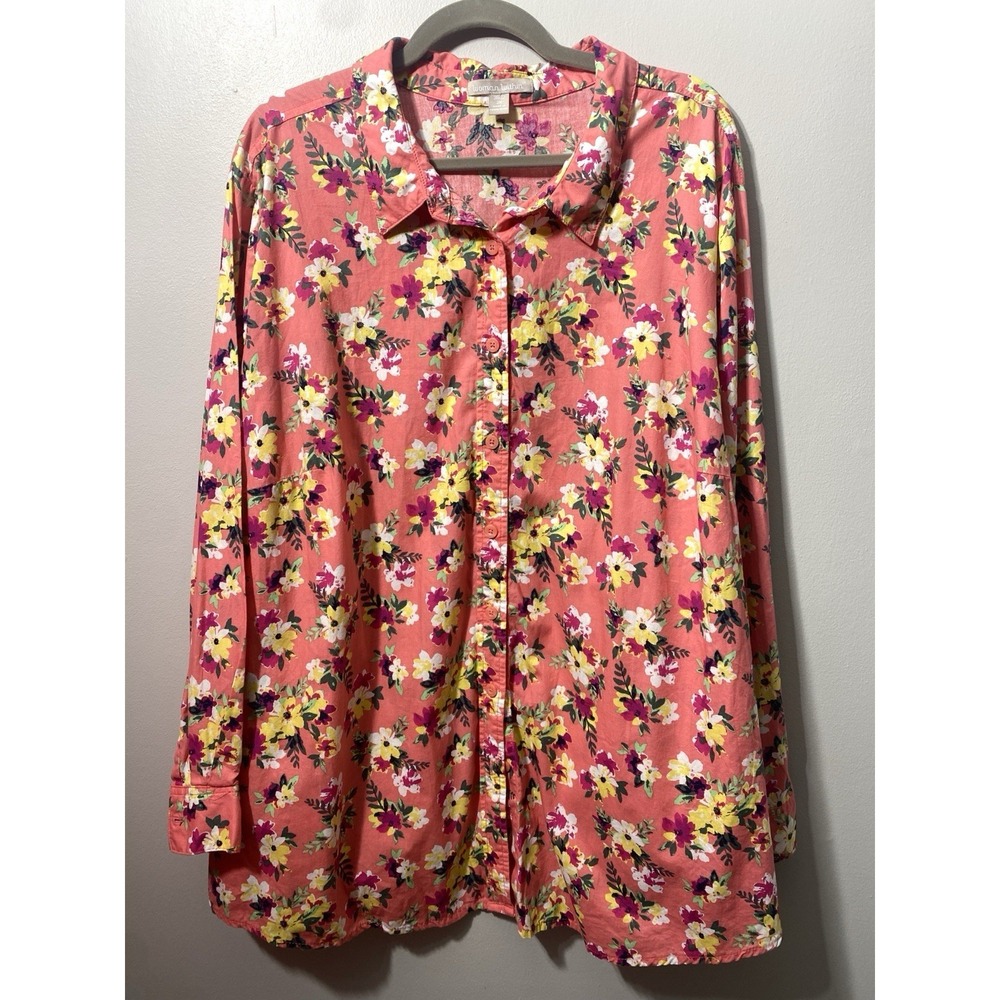 Woman Within Floral 100% Cotton Button Up Top Lightweight Garden Party Size 3XL